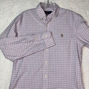 Ralph Lauren Slim Fit Shirt Mens Medium Pink Navy Check Button Dwn Cotton Poplin